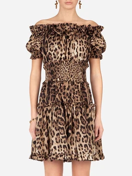 VGH Vintage Vestido de Leopardo Para as Mulheres de Barra do Pescoço Manga Curta Cintura Reunidos Casual Mini Vestidos Femininos 2022 Estilo de Roupas de Verão