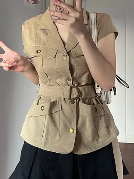 Rockmore Vintage Carga Jaquetas com Cinto de Mulheres de Manga Curta Primavera Verão Casual Coats Y2K Streetwear Bolsos de Roupas coreano