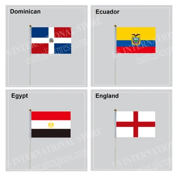 Mão de Bandeira com Pólos Dominicana, Equador, Egito, Inglaterra Nacionais de Países 14*21cm de Poliéster Flying Banner Pode ser Personalizado