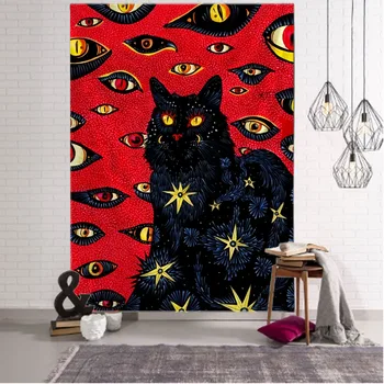 Psicodélico impressão de gato tapeçaria pendurada na parede bruxaria hippie olho cartoon casa tapeçaria boêmio estética sala a decoração da arte