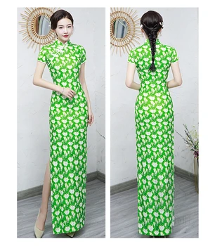 Novo Nacional de Longa Cheongsam Elástico Mostra Floral Trajes das Mulheres Vestido de Verão Elegante Lado de Divisão Qipao S Ao 3XL