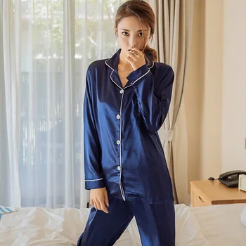 Verão de Pijamas para Mulheres Casuais Lapela Solta Casaquinho de manga comprida, Calças de Duas peças para as Mulheres 