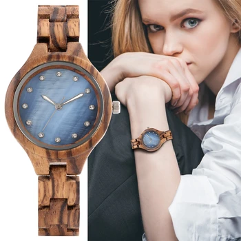 Encantador Concisa Mostrador Azul do cristal de Quartzo de Madeira do Relógio Senhoras Ajustável de Madeira Faixa de Relógio Pulseira da Mulher de Pulso Reloj Mujer