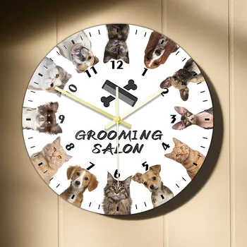 Cat E Dog Grooming Salão de Impressão Personalizadas Relógio de Parede para a Clínica veterinária Pet Rastelo Loja de Parede Decorativos Sinal de Silêncio Relógio de Parede