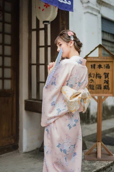 Japonês tradicional Yukata Quimono Vestido com Obi Retro Clássico de Impressão Flora Longo Roupão de banho Asiático Roupa de Gueixa Cosplay Fantasia