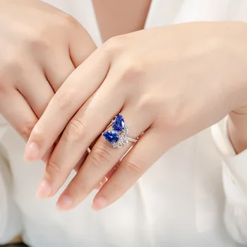 Novo Duplo Diamante Tanzanite Azul Gota de Água Pêra Com um Anel de Prata 925 Carimbo de Safira Anel de Abertura Mulheres a Festa de Casamento de Dom