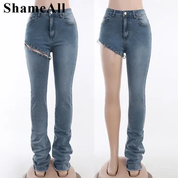 Mulheres Y2K Ruched Empilhados Shaping Skinny Jeans Azul Rua Selvagens Elástico Fino Hip Ajuste Assimétrico Destacável Confortável Calça de algodão