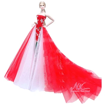 NK Oficial 1 Pcs Vermelho Clássico Vestido de Noiva de Renda Para a Boneca Barbie com Roupas da Princesa de Longo rabo de peixe Vestido Para 1/6 BJD Acessórios do Brinquedo