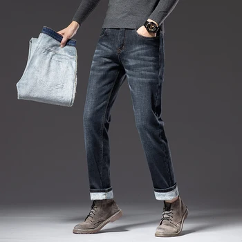Estilo clássico de Inverno masculino Lã Quente calça Jeans Reta de Negócios de Moda de Algodão Denim Stretch Calças Calças Grossas Macho Preto Azul