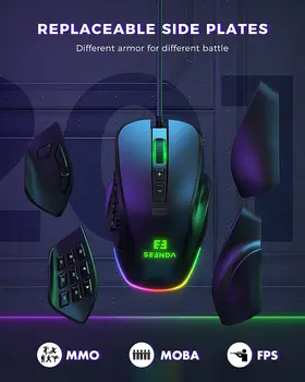 Seenda Mouse para Jogos de Vanguarda S com Interchangable Placa do Lado de 10000 DPI Programável Macros e Personalizável RGB de Computador Ratos