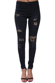 Venda quente de mulheres rasgado estampa de leopardo Moda jeans Skinny stretch denim lápis calças Rua casual, moderno jeans S-2XL