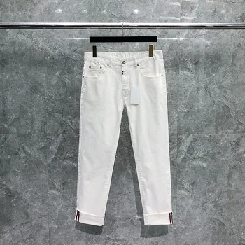 TB THOM Homens Brancos Jeans Moda Casual Slim Fit Estilo Clássico Macio Calças de Moda Masculina da Marca Avançada Trecho Calças dos Homens