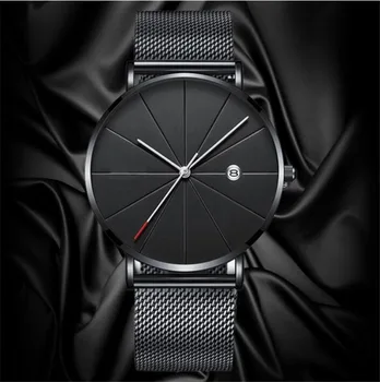 O mais Recente Homens Simples do Relógio de Aço Inoxidável de Quartzo Clássico Data de Relógios Business Casual Cinto de Malha de relógio de Pulso Masculino Relógio