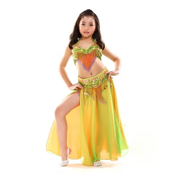 Crianças Desempenho da Fase de Dança do Ventre Roupas Conjunto de 3 peças Orientais Roupa Sutiã, Cinto, Saia Meninas Frisado Dança do Ventre Traje #868