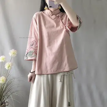 2022 vintage chinês tradicional roupa de cama de algodão blusa solta hanfu tops retro cheongsam bordado de flores camisas chinês blusa