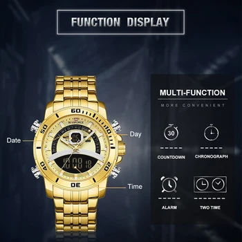 NAVIFORCE Luxo de Ouro Homens do Relógio do Esporte Digital Cronógrafo Relógios Masculino pulseira de Aço à prova d'água Quartzo relógio de Pulso Com Alarme Relógio
