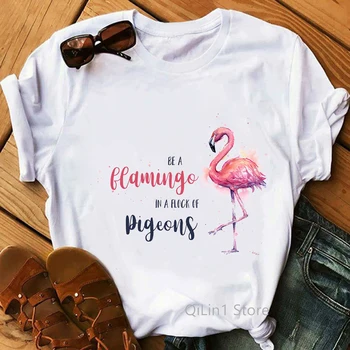 Aquarela Flores Flamingo Animal Print T-Shirt Femme Verão Branca Camiseta Mulher Feminina T-Shirt Gráfico T-Shirts Tumblr