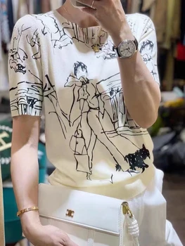 Mulheres T-Shirt 2022 Verão Lã Camisola de Manga Curta Casual Graffiti Senhoras Topo Gola Tees Overside Blusa Quente da Venda