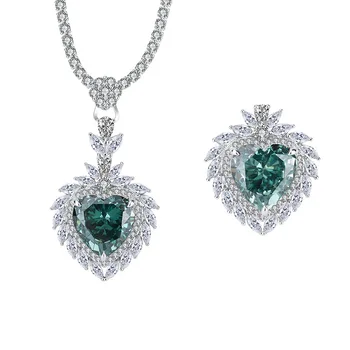 S925 Prata Verde Menta 15*15 com Alto teor de Carbono do Diamante em forma de Coração de Cristal do Anel Colar de Conjunto de Mulheres do Vintage da Jóia de Presente
