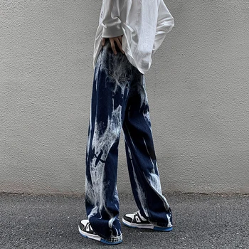 Outono Inverno Tie-dye Jeans de Alta Rua sempre de Jeans, Calças de Homens Folgado Tendência da Moda de Jean Mens de Calças de Grande perna BF Roupas