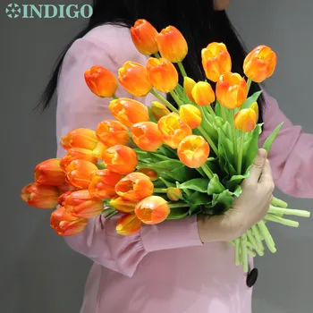 Silicone Tulip (3 Flores+2 Bud) Buquê de Toque Real de Alta Qualidade cor-de-Rosa Calla Casa Natal de Flores Artificiais - Casamento INDIGO