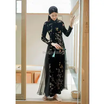 2023 oriental vestido chinês tradicional cheongsam vietnã estilo vintage ao dai mulheres graciosas de veludo elegante vestido de festa a79