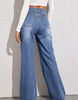 Jeans Vintage Mulher de Cintura Alta de Perna Larga Azul Denim Streetwear Qualidade 2021 Moda Harajuku Reta Calças