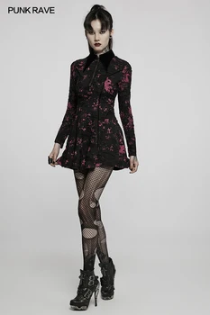 PUNK RAVE Gótica Impresso Vestido de Elástico Rasgado de Malha Goth Mulher Vestuário Ponto de Gola com Cordão de Ajuste da Cintura Dividida Chique Punho
