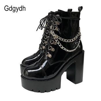 Gdgydh 2022 Outono Inverno Gótico Mulheres Ankle Boots De Moda Corrente De Metal Patente De Couro Feminino Curto Botas Do Punk, O Estilo De Sapatos De Senhoras