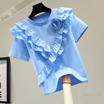 2022 Verão Nova Mulher Tshirt Flores belíssimas Trecho de Manga Curta T-shirts Estilo coreano Folho de Costura de Cor Sólida Topo