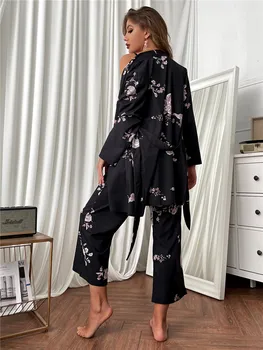 Mulher de Pijama Conjunto de roupa de dormir do Terno 3 Peças Loungewear Floral Impressão de Pijamas para Senhoras Outono de casa, roupa de Homewear