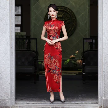 Seda Qipao Vestidos De Noite Vermelho De Impressão Vestido Cheongsam Meio De Manga Cheongsams Longo Qipao Chinês Vestido Oriental Vestido
