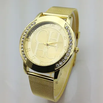 Nova Marca De Ouro De Genebra De Cristal Casual Relógio De Quartzo Mulheres Malha De Metal De Aço Inoxidável Vestido De Relógios Relógio Feminino Relógio Venda Quente
