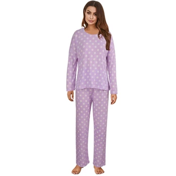 2pcs/Set Pijama Conjunto Para as Mulheres de Outono, Primavera de Bolinhas Tops de Manga Longa, Calças de Pijama Macio e Respirável Homewear Terno