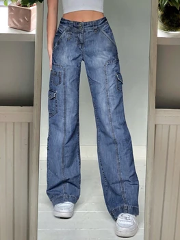 Mulheres Multi-Nova bolso de Pesponto de Moda Solta Cintura Alta Jeans Casual Calças Retas de Carga Calças para Mulheres Streetwear Mulheres
