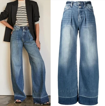 Mulheres jeans de cintura alta Largura de perna de calça casual selvagem senhora de jeans
