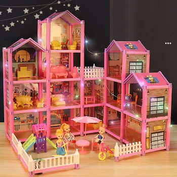 A princesa casa Grande DIY Dollhouses cor-de-Rosa do Jogo do Castelo Casa Com apresentação de Quintal Kit Montado Casa de bonecas Brinquedos Para Meninas Presentes das Crianças