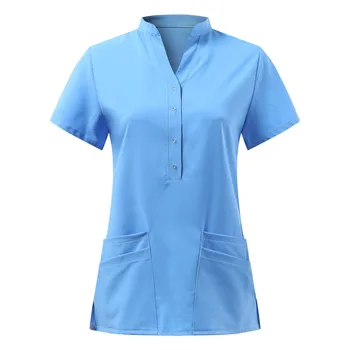 As mulheres Enfermeiras T-shirts de Manga Curta com decote em V de Trabalho Uniforme Sólido Patchwork Bolso Tees Tops de Costura Uniforme de Enfermeira T-shirts #T1G