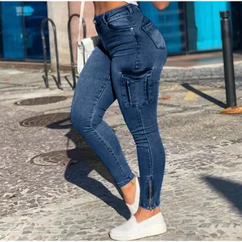 Bolsas em Patchwork Slim Fit Preto calça Jeans 3XL Vintage Streetwear Mulheres de Cintura Alta Zip Bainha Elástica Skinny Jeans Lápis, Calças