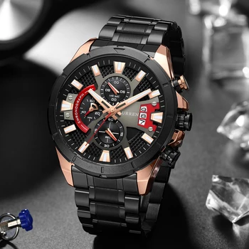 CURREN Moda Mens Relógios de pulso de Quartzo do Aço Inoxidável Banda Casual Esporte Chronograph Black Luminosa Clcok Masculino