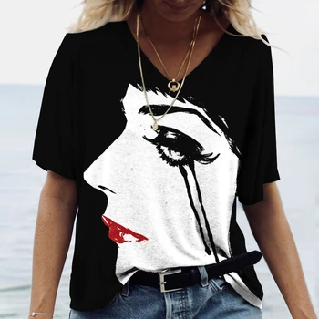 Mulheres T-Shirt Gola V de Curto SleeveArt Face de Linha de Impressão Moda de Rua de Cima Tees Super Mulheres de Charme com Roupas