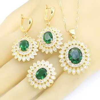 Verde Semi-preciosas, Ouro Cor Conjuntos de Jóias Para as Mulheres Pulseira Pendente da Colar Brincos Anel Com Caixa de Presente