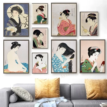 Gueixa japonesa Mulher Cartazes e Estampas Vintage Quimono Ukiyo-e Lona de Arte de Pintura, Pintura de Parede Nórdicos, Sala de estar Decoração de Casa
