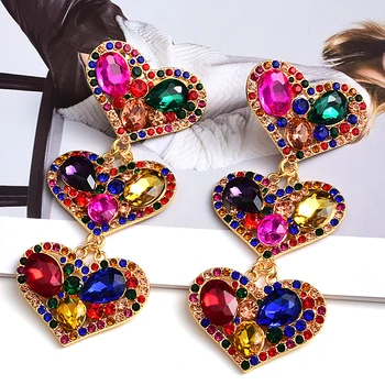 Declaração De Tempo De Metal De Coração Amoroso De Cristal Colorido Dangle Brincos De Alta Qualidade Nova Moda Jóias Acessórios Para Mulheres