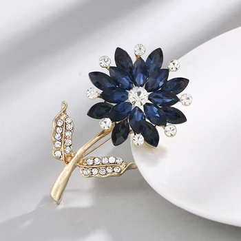 Baiduqiandu Azul Escuro Cristal & Clear Strass Girassol Broches Pinos Para Mulheres Na Cor De Ouro Chapeada