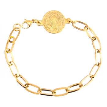 São Bento Medalha de pulseiras para mulheres de Longa Ó cadeia de charme de aço Inoxidável da cor do ouro fez pulseras mujer