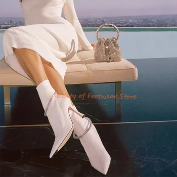 Novas Mulheres Brancas de Cristal Urdidura Apontou Toe Ankle Boots Pretas de salto alto Salto Alto Estiramento Botas de Inverno de Luxo Designer de Sapatos