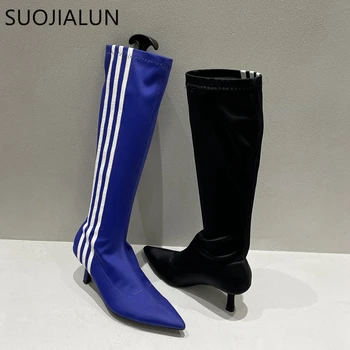 SUOJIALUN 2023 Nova Marca Mulheres Longas Botas da Moda Azul de Tecido Elástico, Palmilha Botas de cano alto Sapatos de bico Fino de Alta Bombas de Sho
