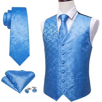 2020 Novo Vestido Azul Floral com decote em V Terno para os Homens Formal Colete Gravata e Abotoaduras Lenço Conjunto de Seda Coletes Barry.Wang SJ-2022