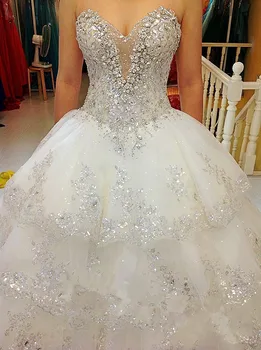 Fotos Reais de Luxo Bola Vestido Fofo Vestidos de Noiva Plus Size de Tule de Renda Diamante de Cristal Vestidos de Casamento 2023 Personalizar SV07